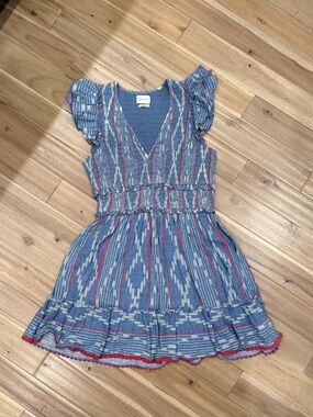 SAYLOR Blue Patterned V-Neck Ruffle Dress with Pink Trim
